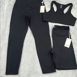 NEW Mate the Label L Black‎ 3 PC, Leggings w/Pockets, Shorts, Bra Activewear Set